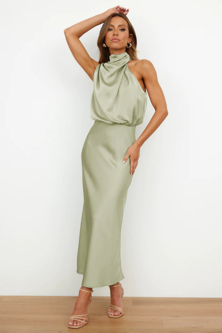 Carlina™ - Long Satin Dress with Halter Neck