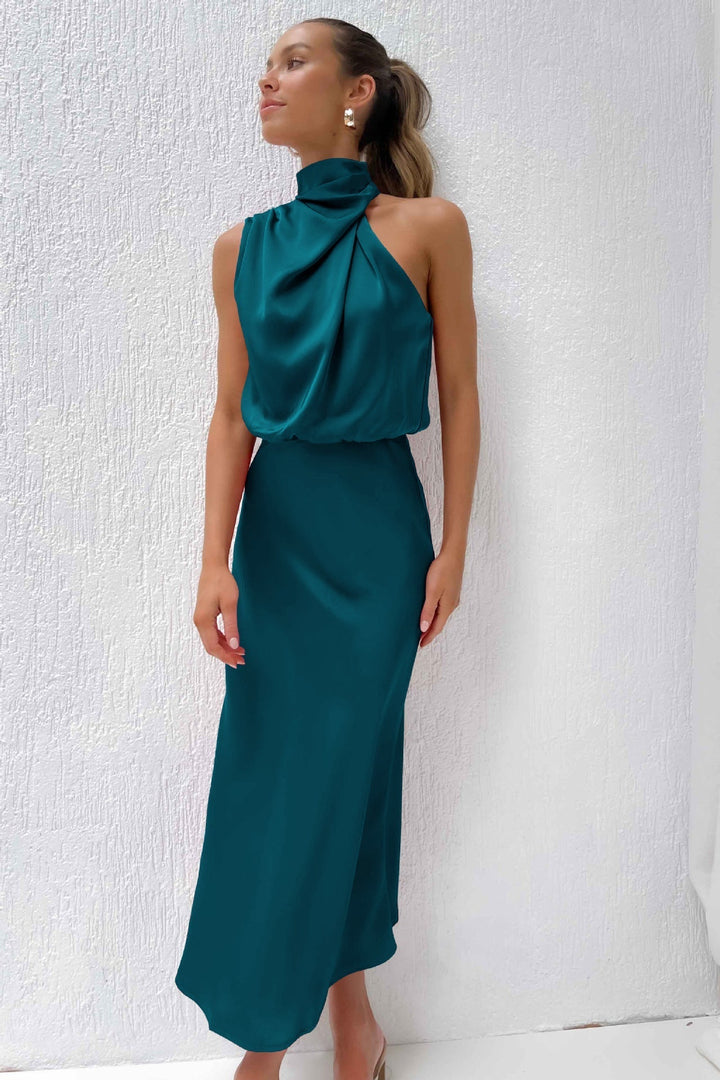 Carlina™ - Long Satin Dress with Halter Neck