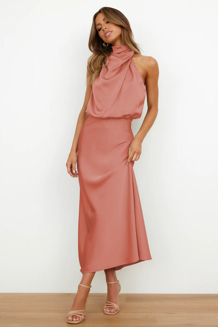 Carlina™ - Long Satin Dress with Halter Neck