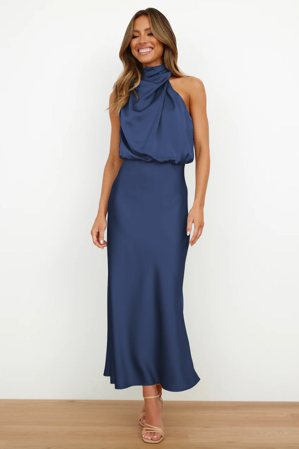 Carlina™ - Long Satin Dress with Halter Neck