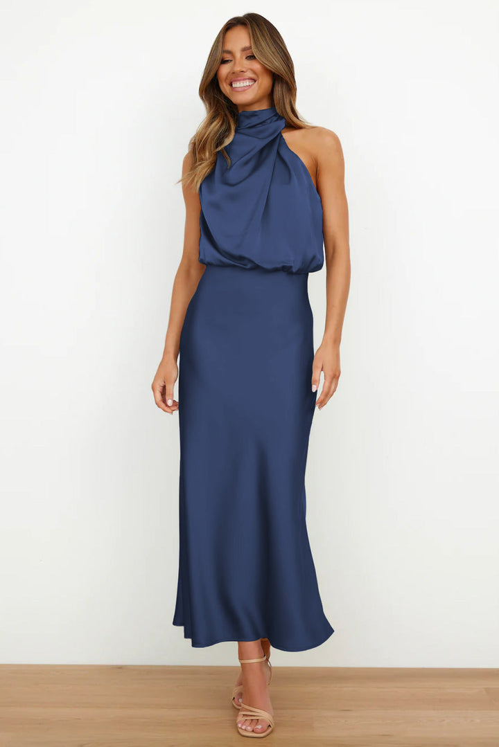 Carlina™ - Long Satin Dress with Halter Neck