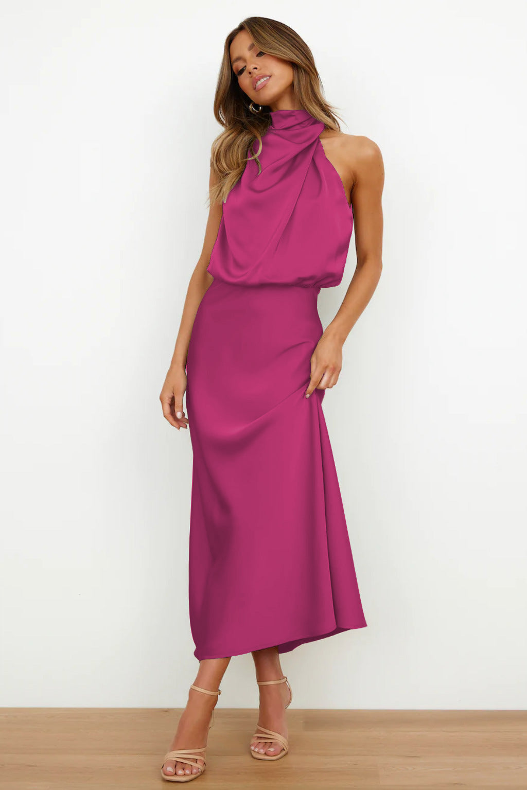 Carlina™ - Long Satin Dress with Halter Neck
