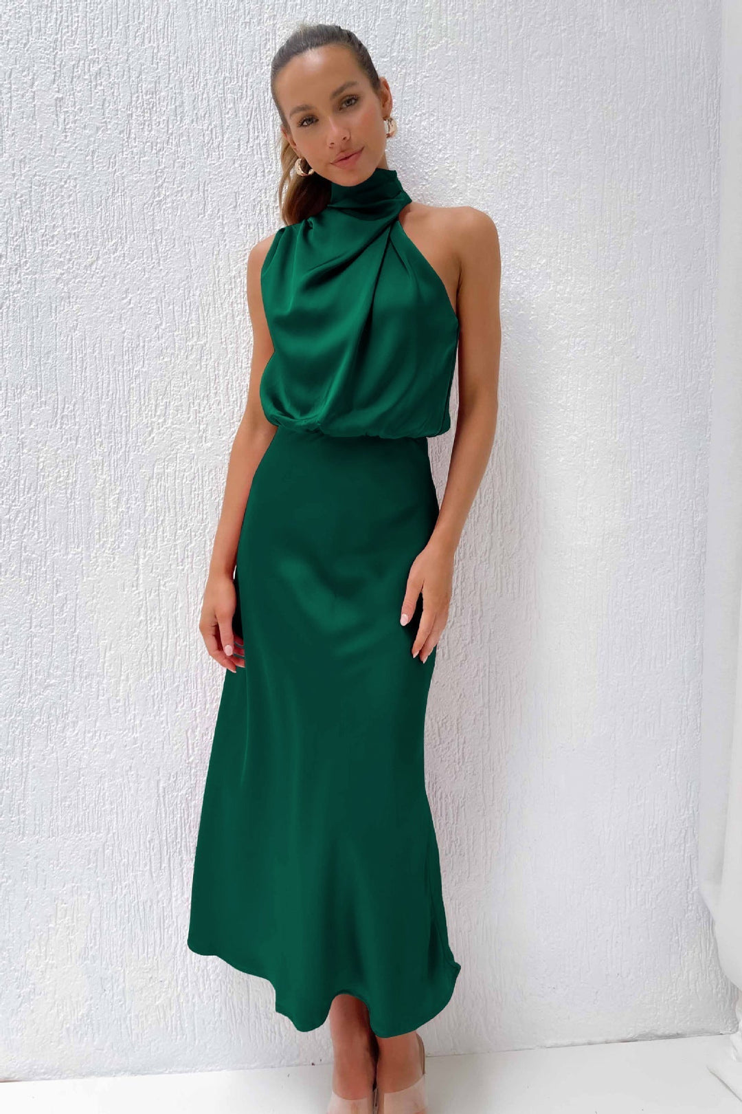 Carlina™ - Long Satin Dress with Halter Neck
