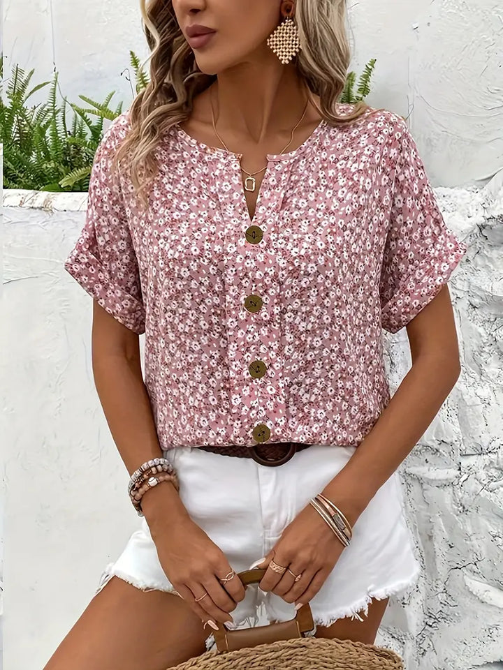Cindy™ | Floral Print Notched Collar Blouse