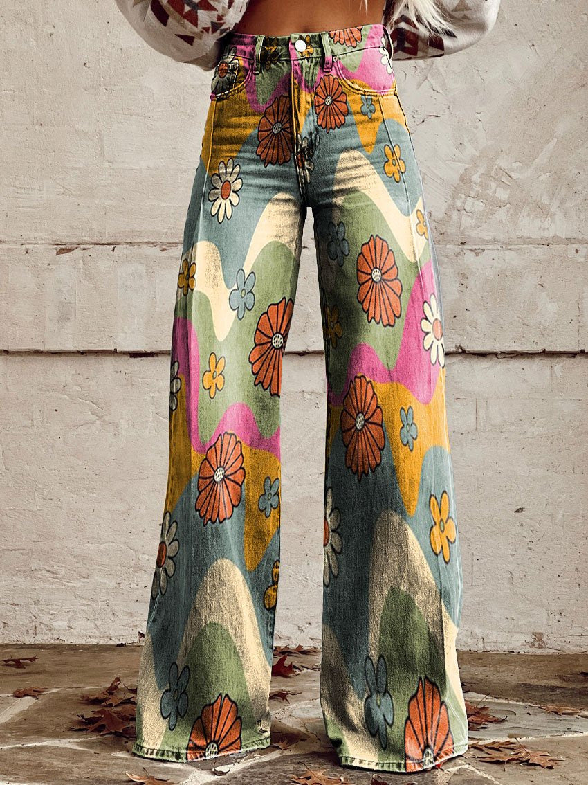 HANNA WAVES & FLOWERS BROAD CUT TROUSERS