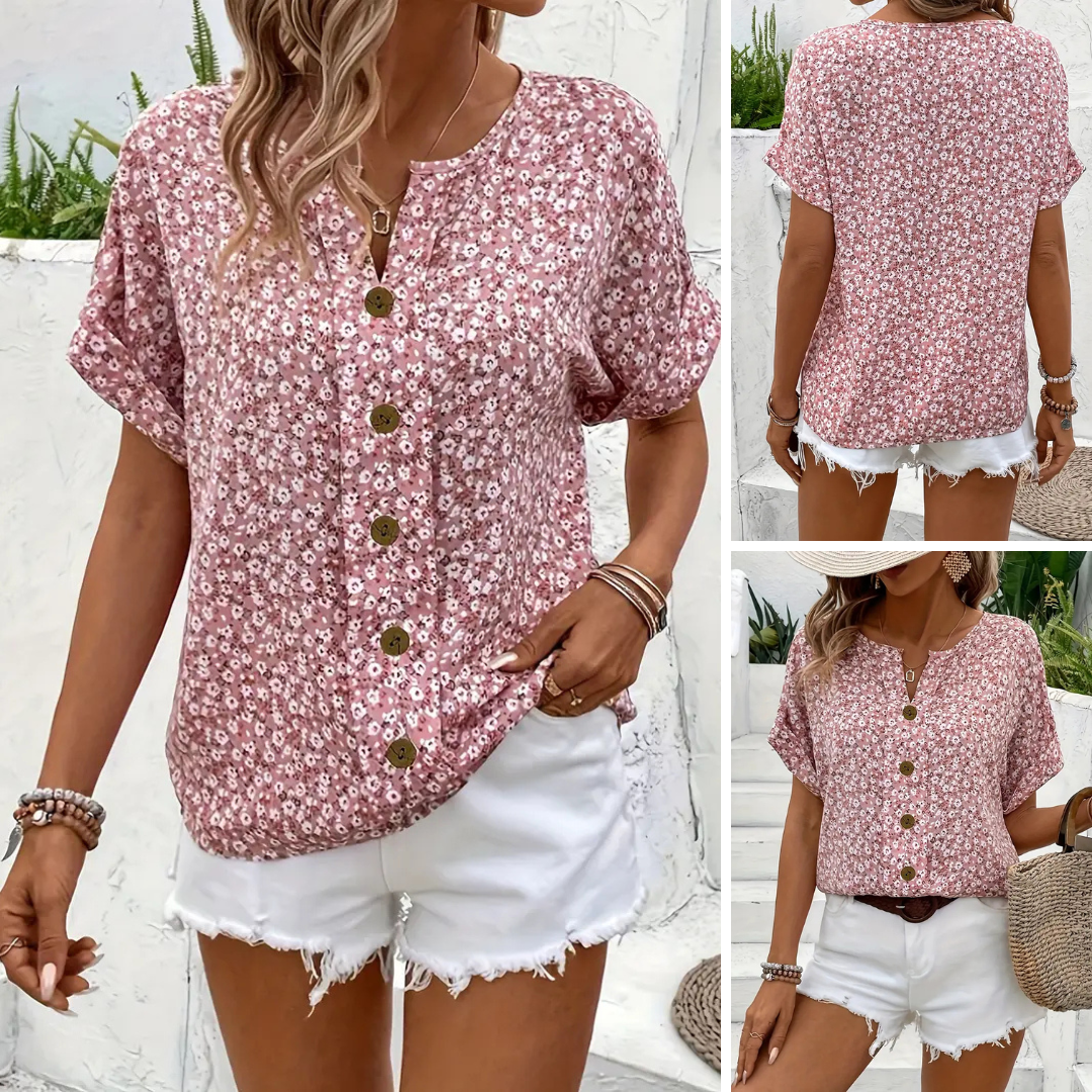 Cindy™ | Floral Print Notched Collar Blouse