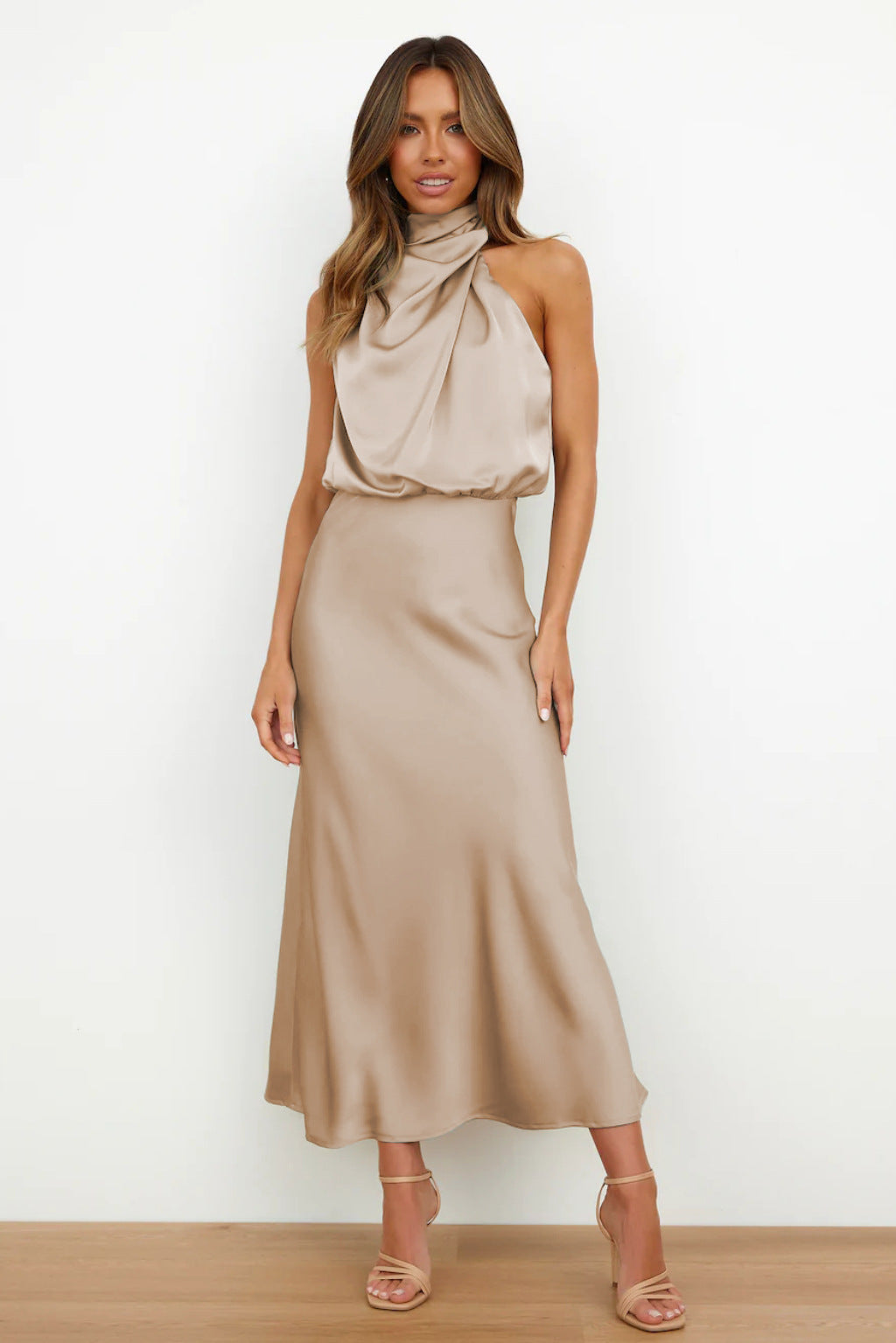 Carlina™ - Long Satin Dress with Halter Neck