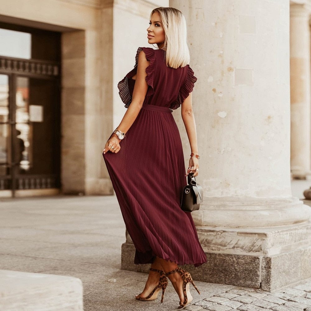 Elena™ Dark Red Boho Festival Dress with V-Neck