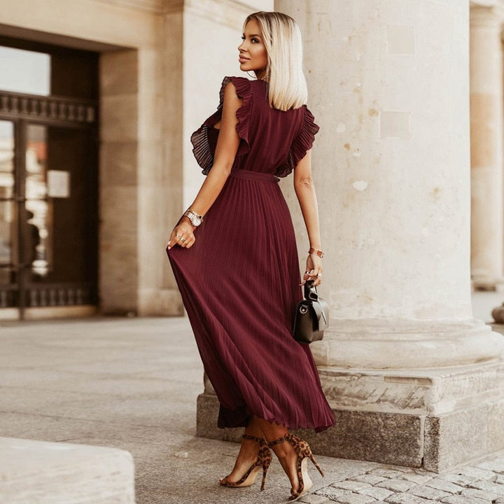 Elena™ Dark Red Boho Festival Dress with V-Neck