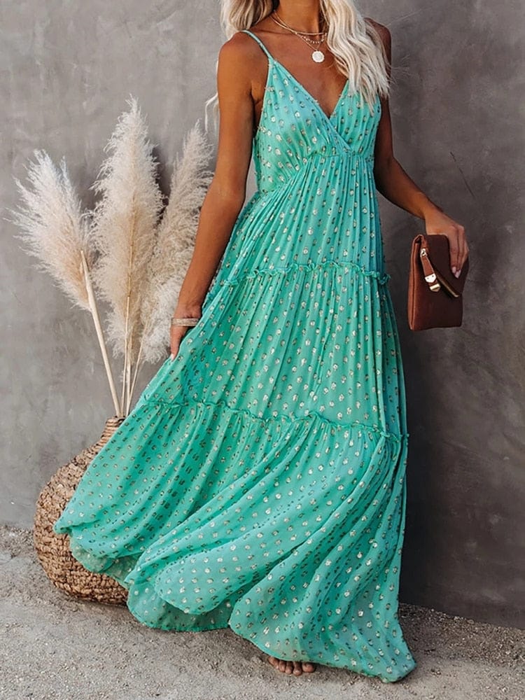 Evi™ Green Maxi Dress with V-Neck and Summery Ibiza Print