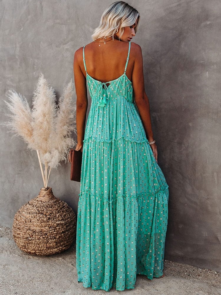 Evi™ Green Maxi Dress with V-Neck and Summery Ibiza Print