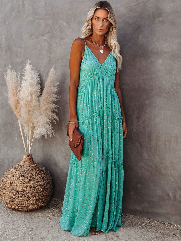 Evi™ Green Maxi Dress with V-Neck and Summery Ibiza Print