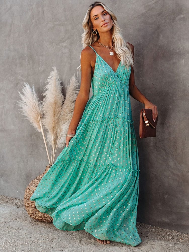 Evi™ Green Maxi Dress with V-Neck and Summery Ibiza Print