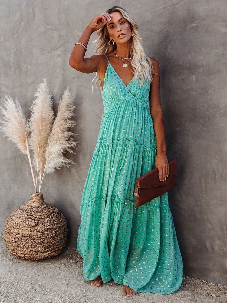 Evi™ Green Maxi Dress with V-Neck and Summery Ibiza Print