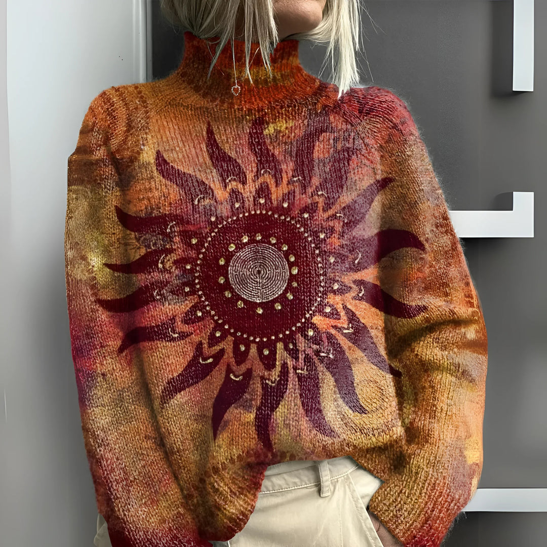 Eline - Warmer knitted roll-neck jumper with tribal sun motif