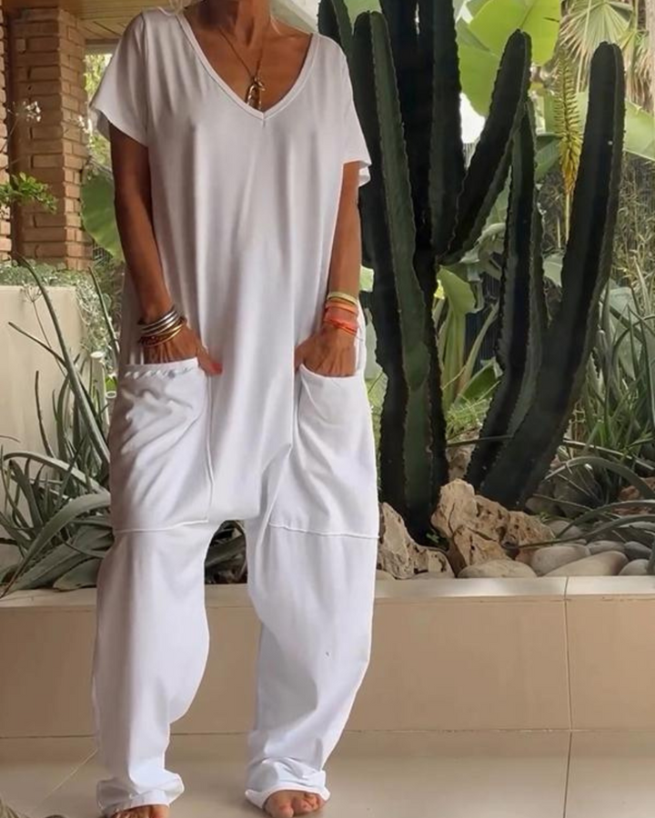 Yelena™ - Casual V-Neck Plain Jumpsuit