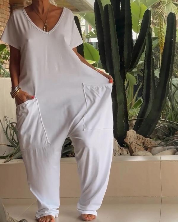 Yelena™ - Casual V-Neck Plain Jumpsuit