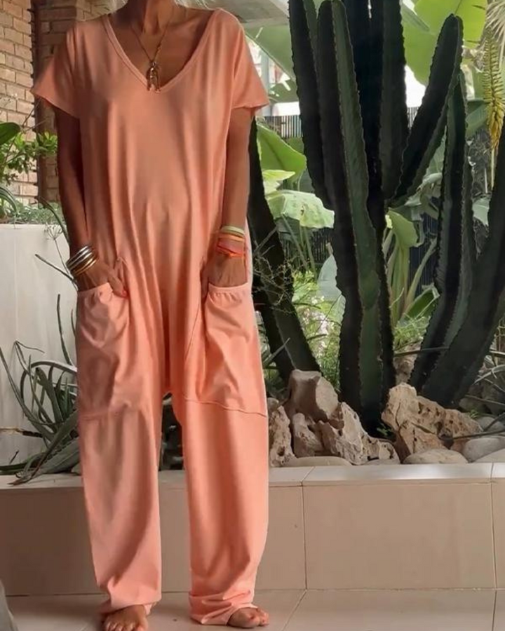 Yelena™ - Casual V-Neck Plain Jumpsuit