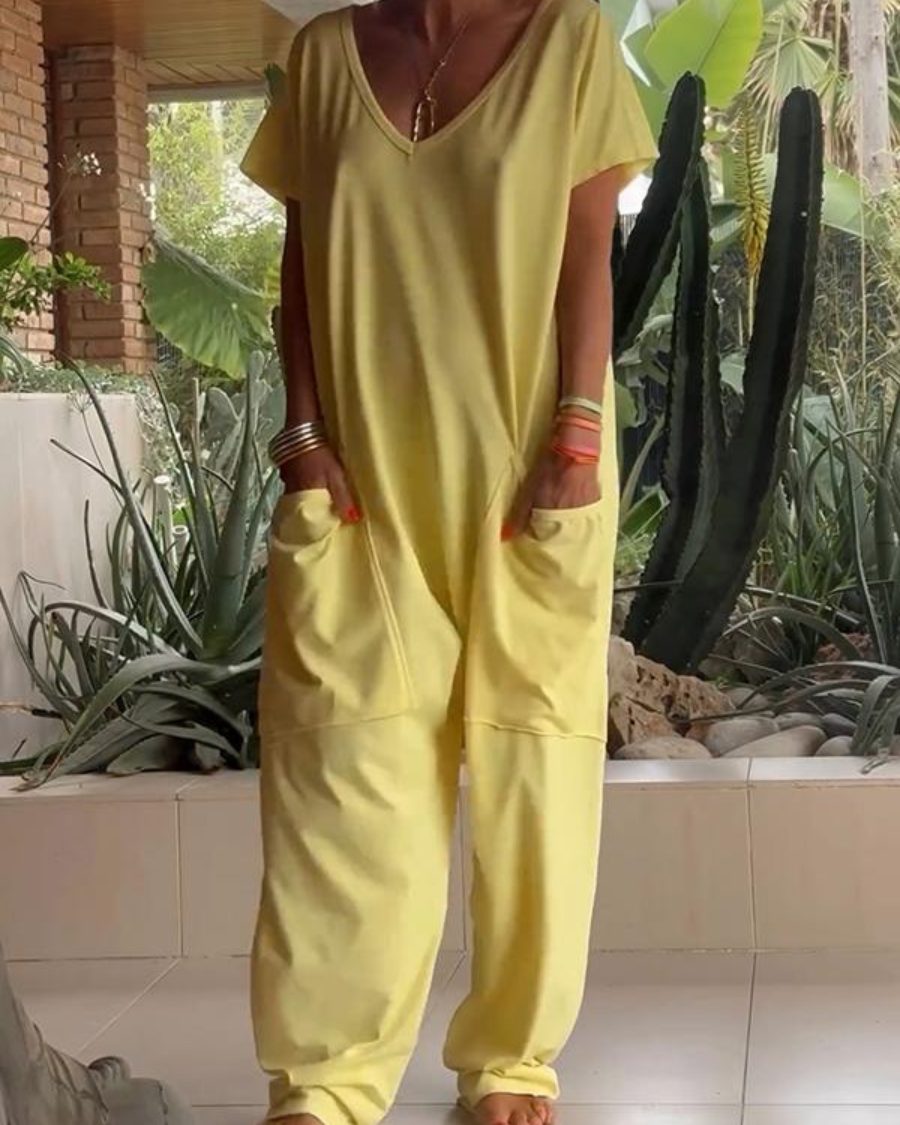 Yelena™ - Casual V-Neck Plain Jumpsuit