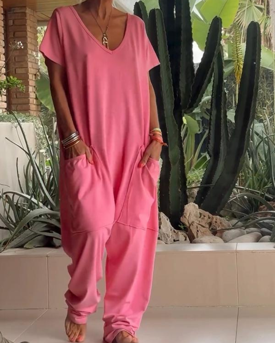 Yelena™ - Casual V-Neck Plain Jumpsuit