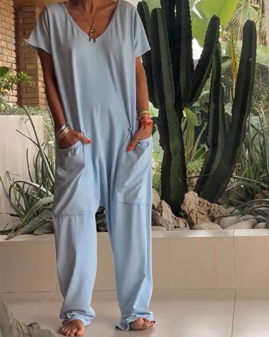 Yelena™ - Casual V-Neck Plain Jumpsuit