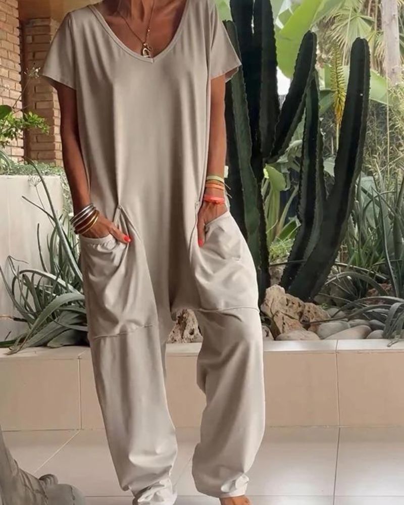 Yelena™ - Casual V-Neck Plain Jumpsuit