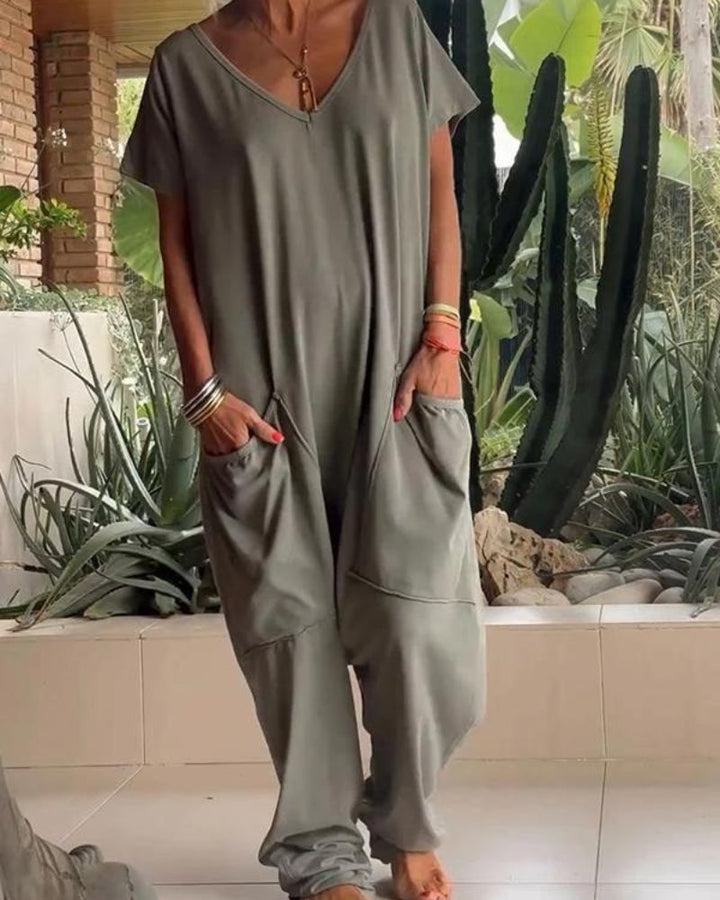 Yelena™ - Casual V-Neck Plain Jumpsuit