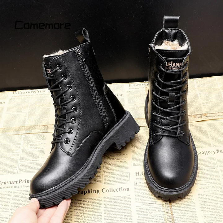 Pauline - Black Leather Winter Boots