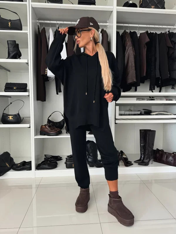 Camilla - Two-Piece Women's Set with Long Sleeves, Hood, and Round Neckline