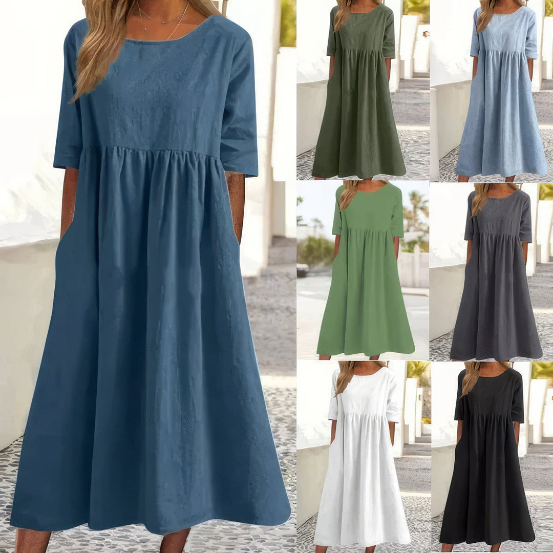 Maikee™ - Cotton Dress with Round Neckline and Pockets