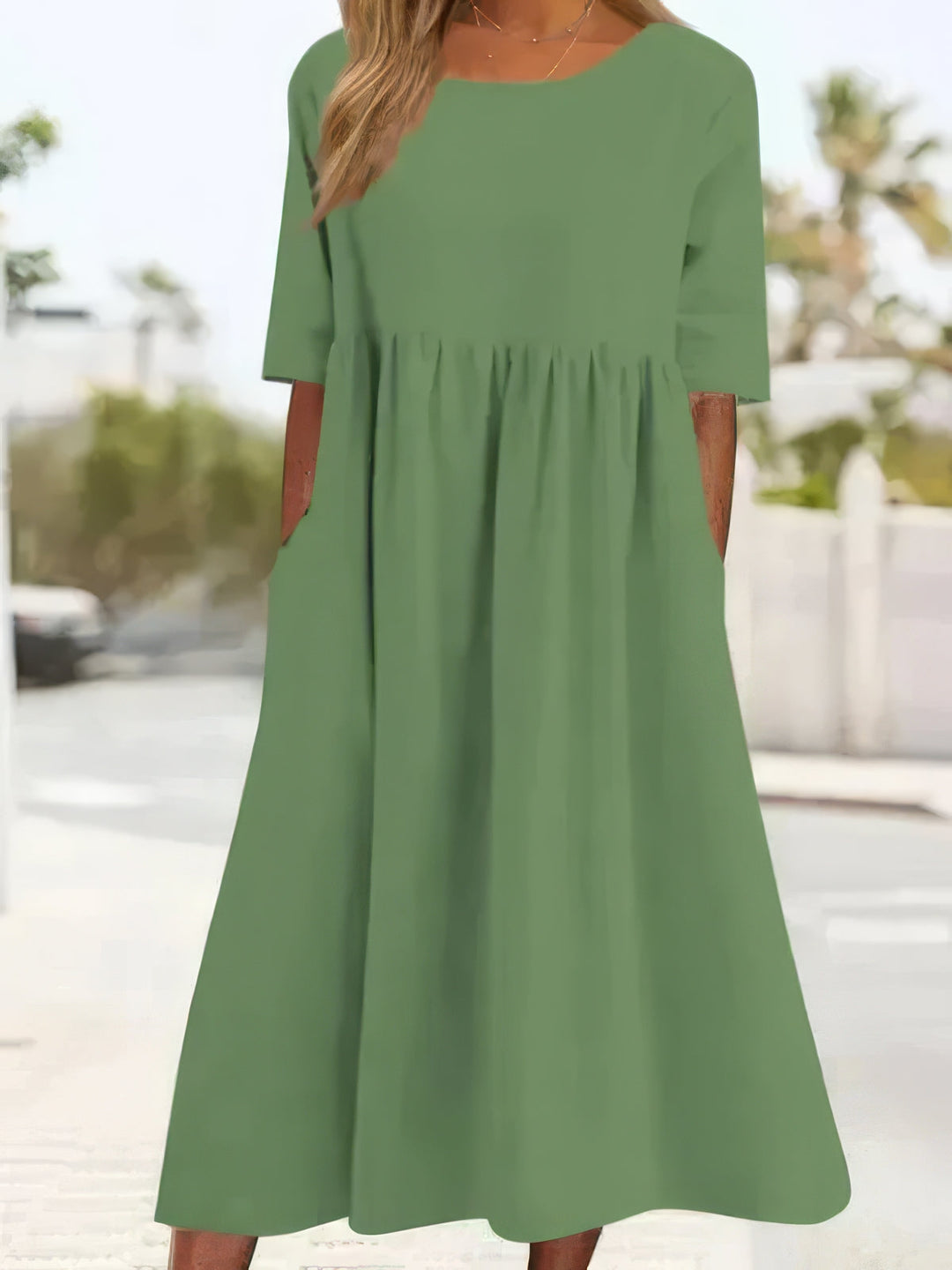 Maikee™ - Cotton Dress with Round Neckline and Pockets